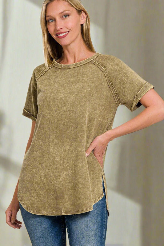 ZenanaHeathered Crew Neck Short Sleeve Top in Mocha