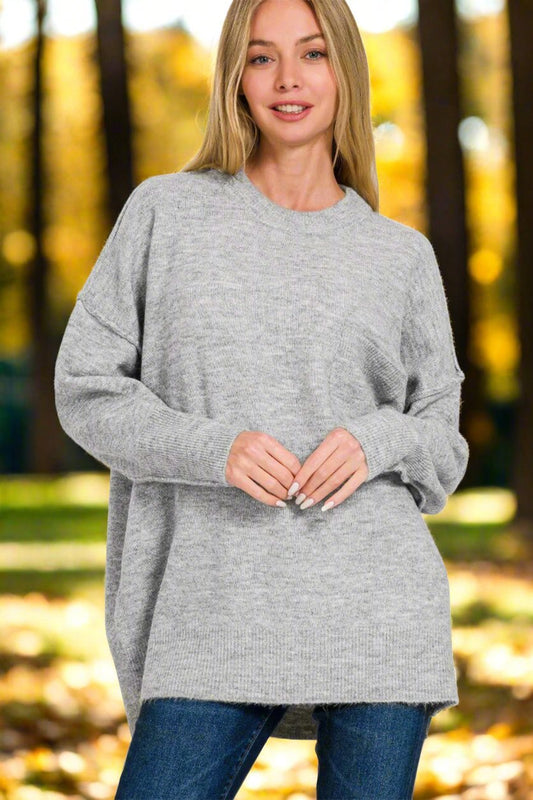 ZenanaHigh - Low Hem Drop Shoulder Sweater in Grey