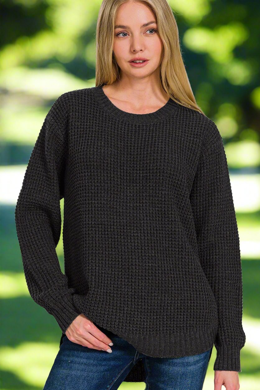 ZenanaHigh Low Long Sleeve Waffle Knit Sweater in Black