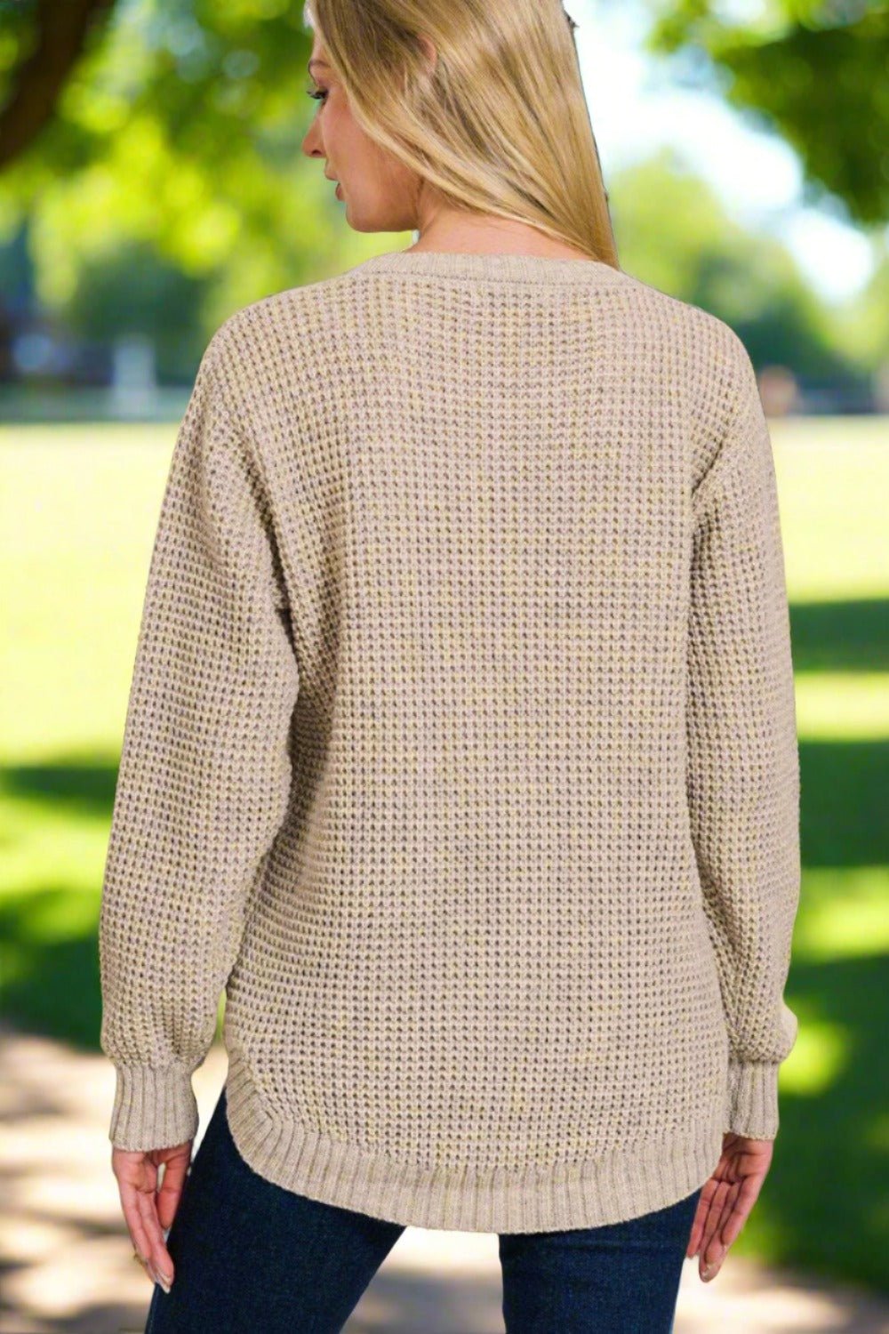 ZenanaHigh Low Long Sleeve Waffle Knit Sweater in Heather Beige