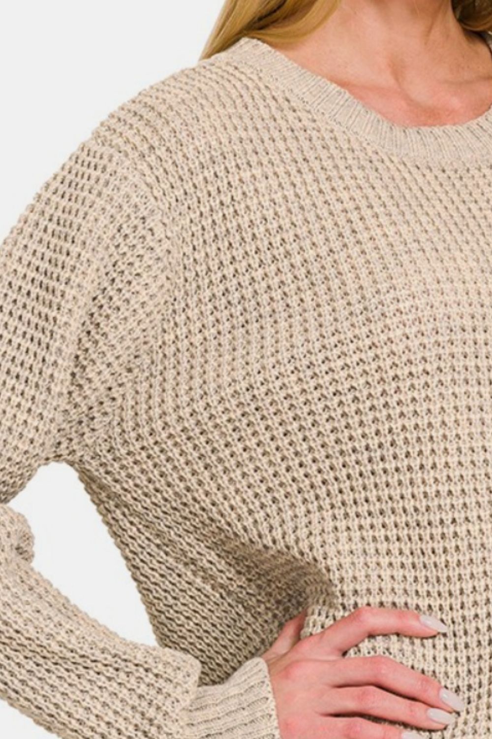 ZenanaHigh Low Long Sleeve Waffle Knit Sweater in Heather Beige