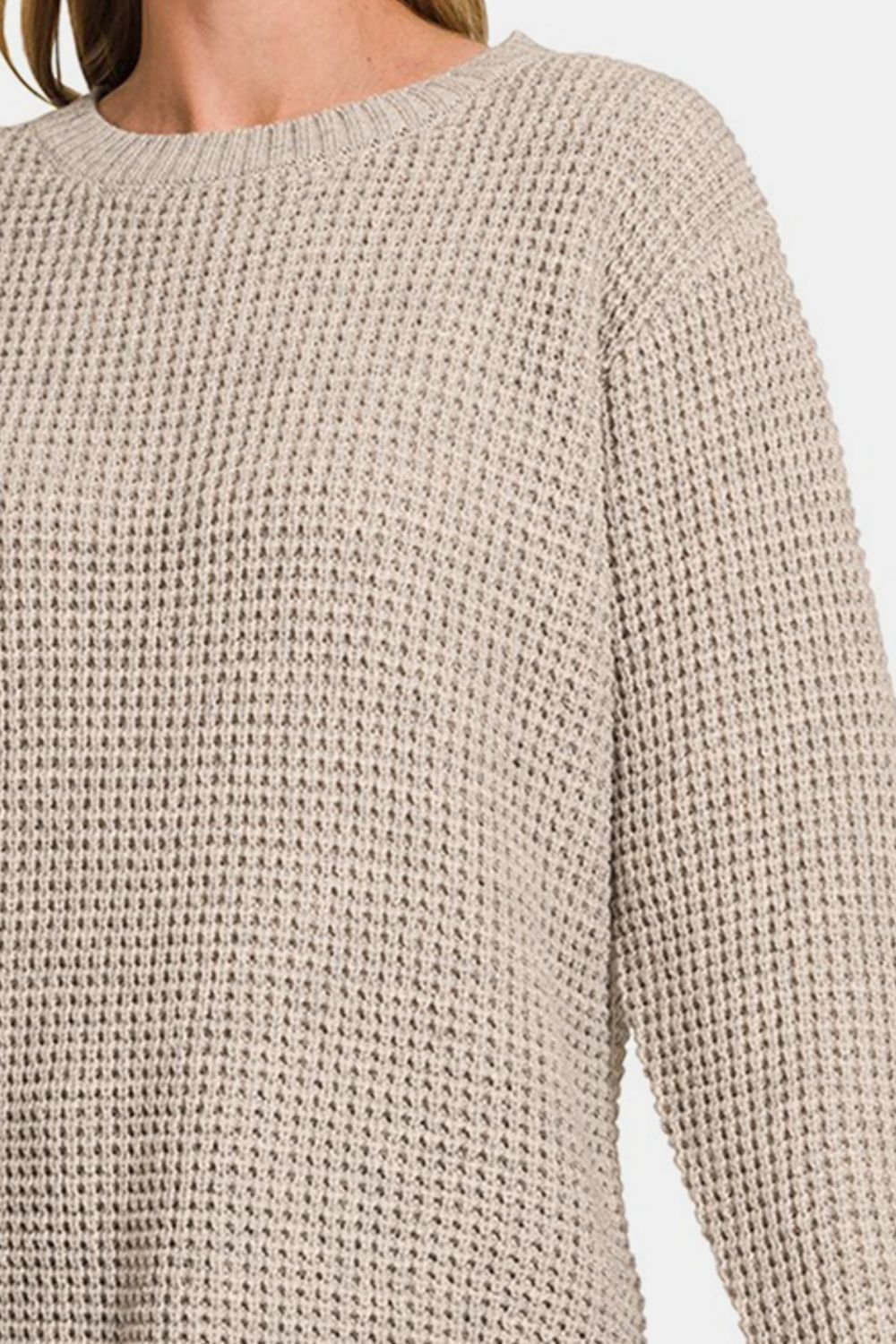 ZenanaHigh Low Long Sleeve Waffle Knit Sweater in Heather Mocha