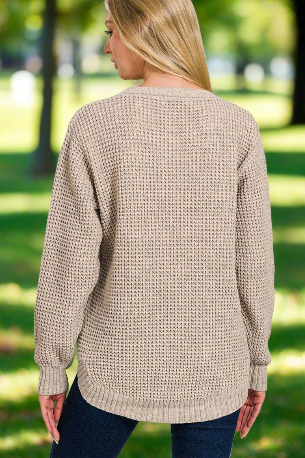 ZenanaHigh Low Long Sleeve Waffle Knit Sweater in Heather Mocha