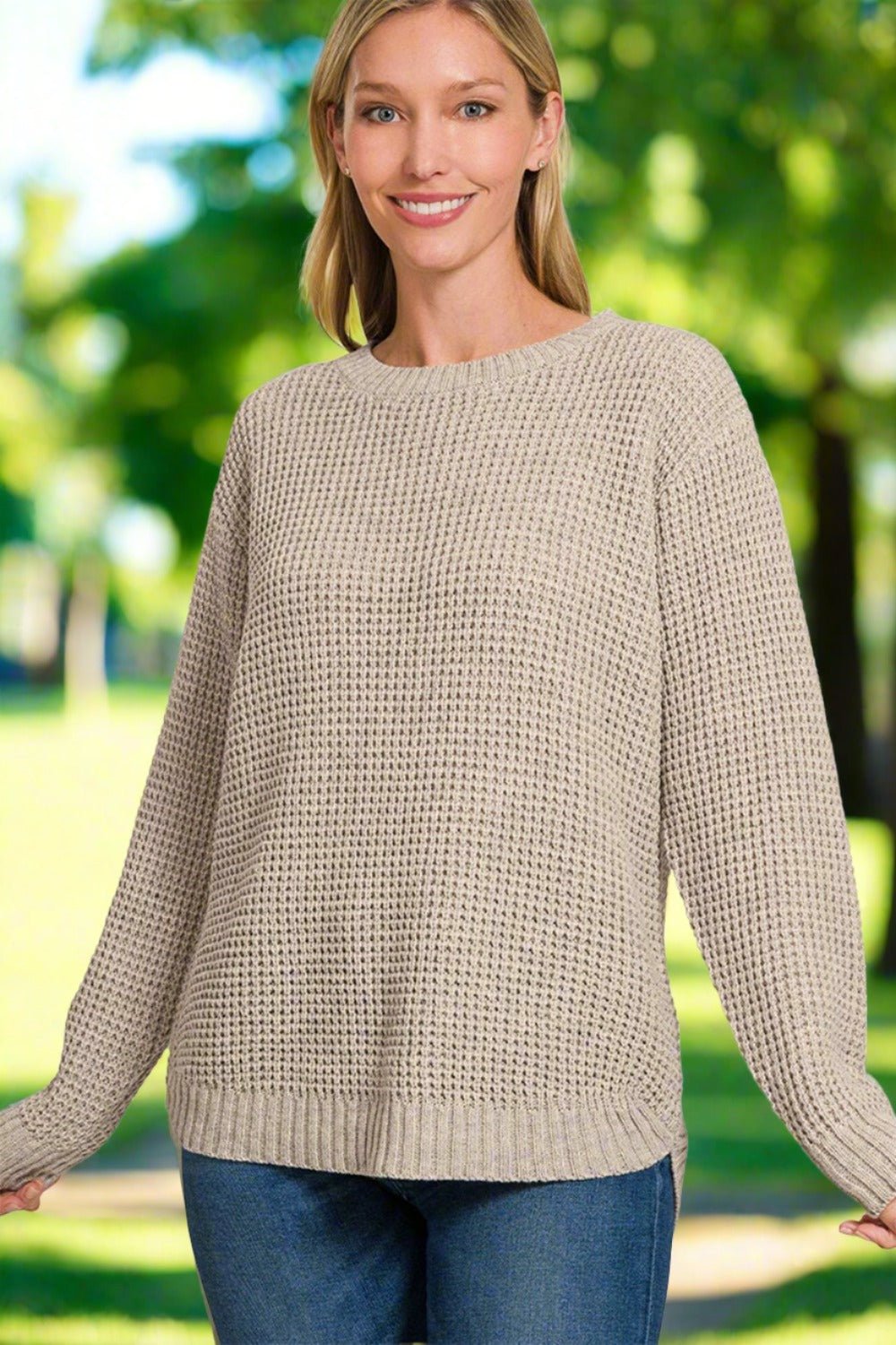 ZenanaHigh Low Long Sleeve Waffle Knit Sweater in Heather Mocha