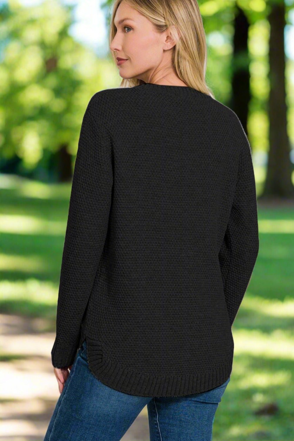 ZenanaLong Sleeve Curved Hem Sweater in Black