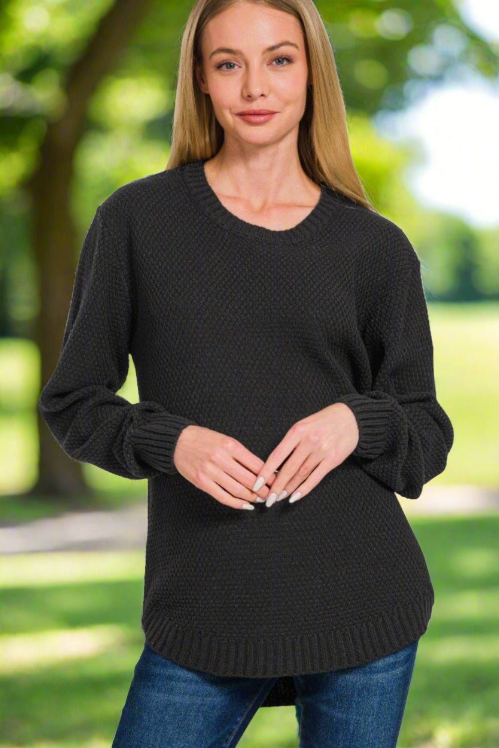 ZenanaLong Sleeve Curved Hem Sweater in Black