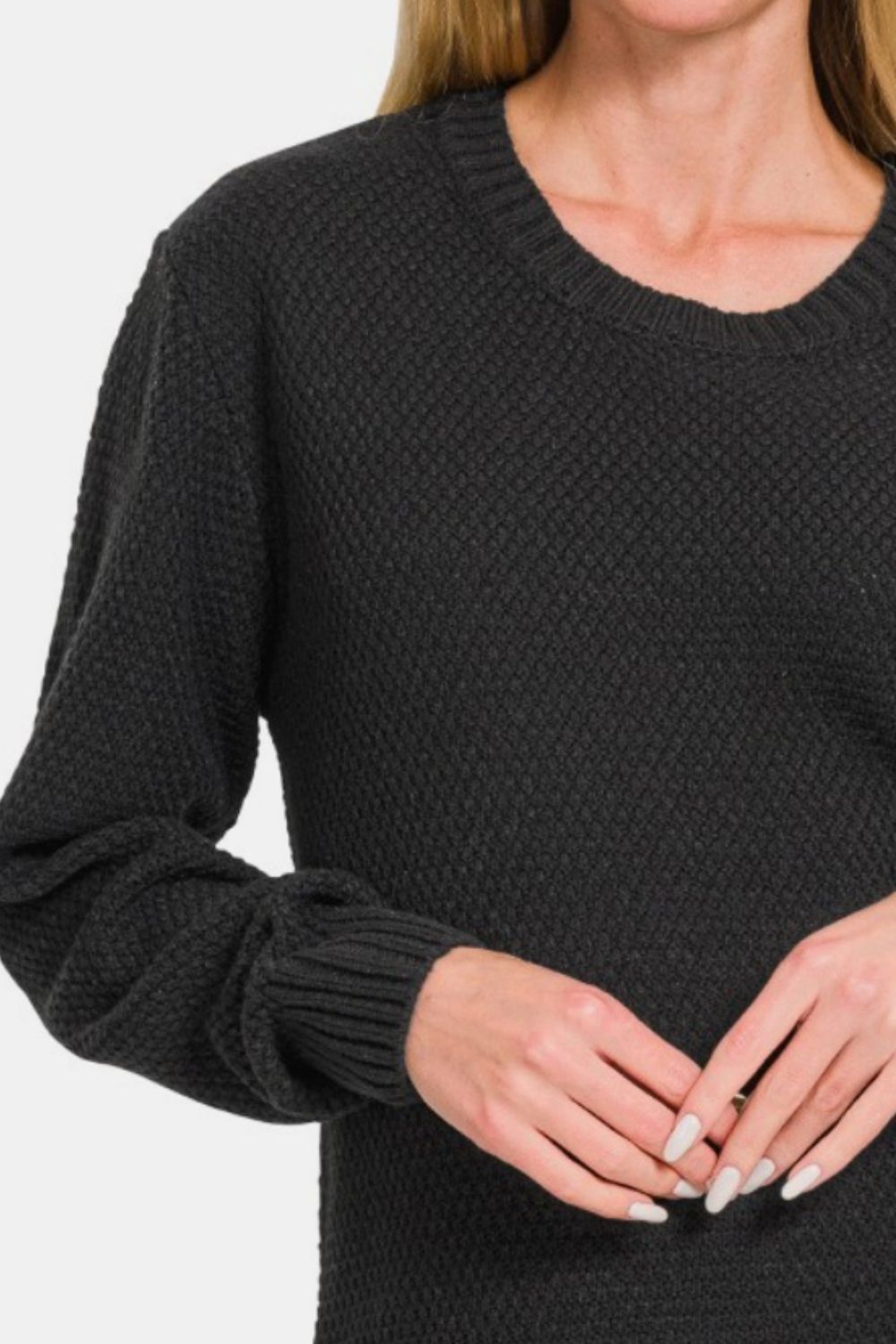 ZenanaLong Sleeve Curved Hem Sweater in Black