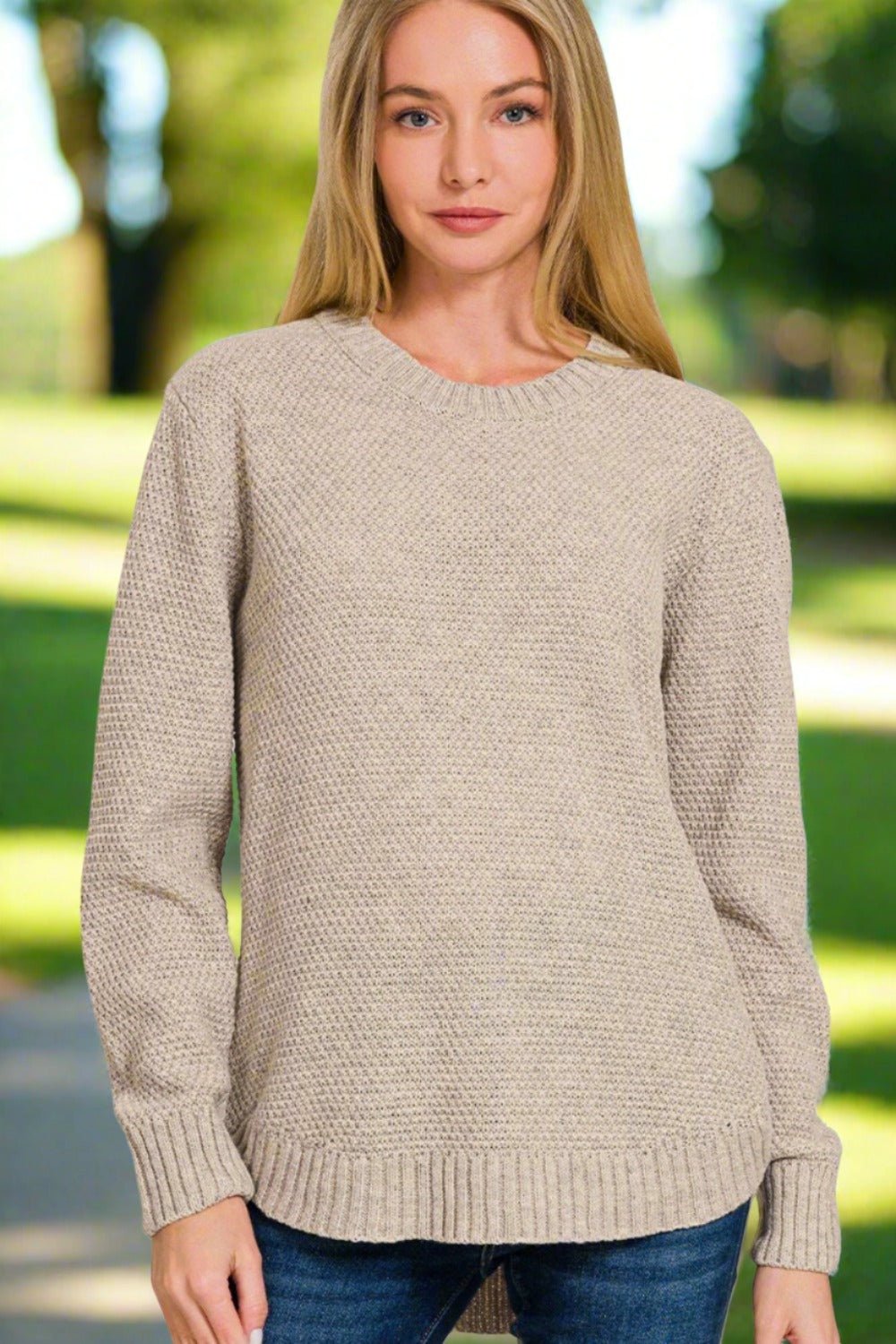 ZenanaLong Sleeve Curved Hem Sweater in Heather Beige