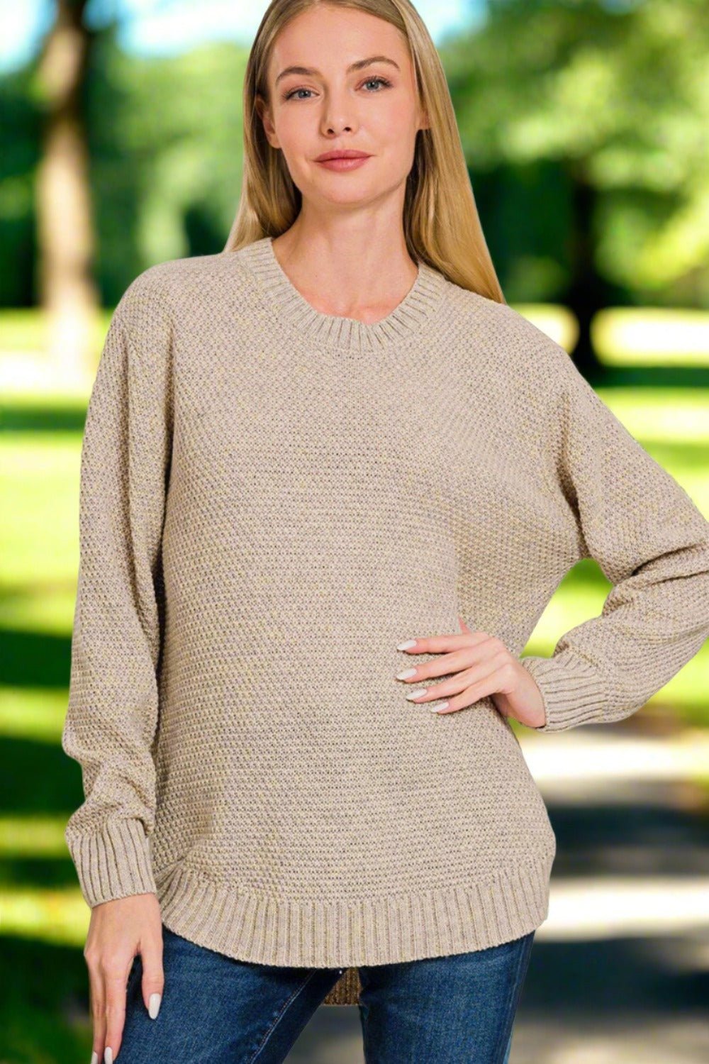 ZenanaLong Sleeve Curved Hem Sweater in Heather Beige