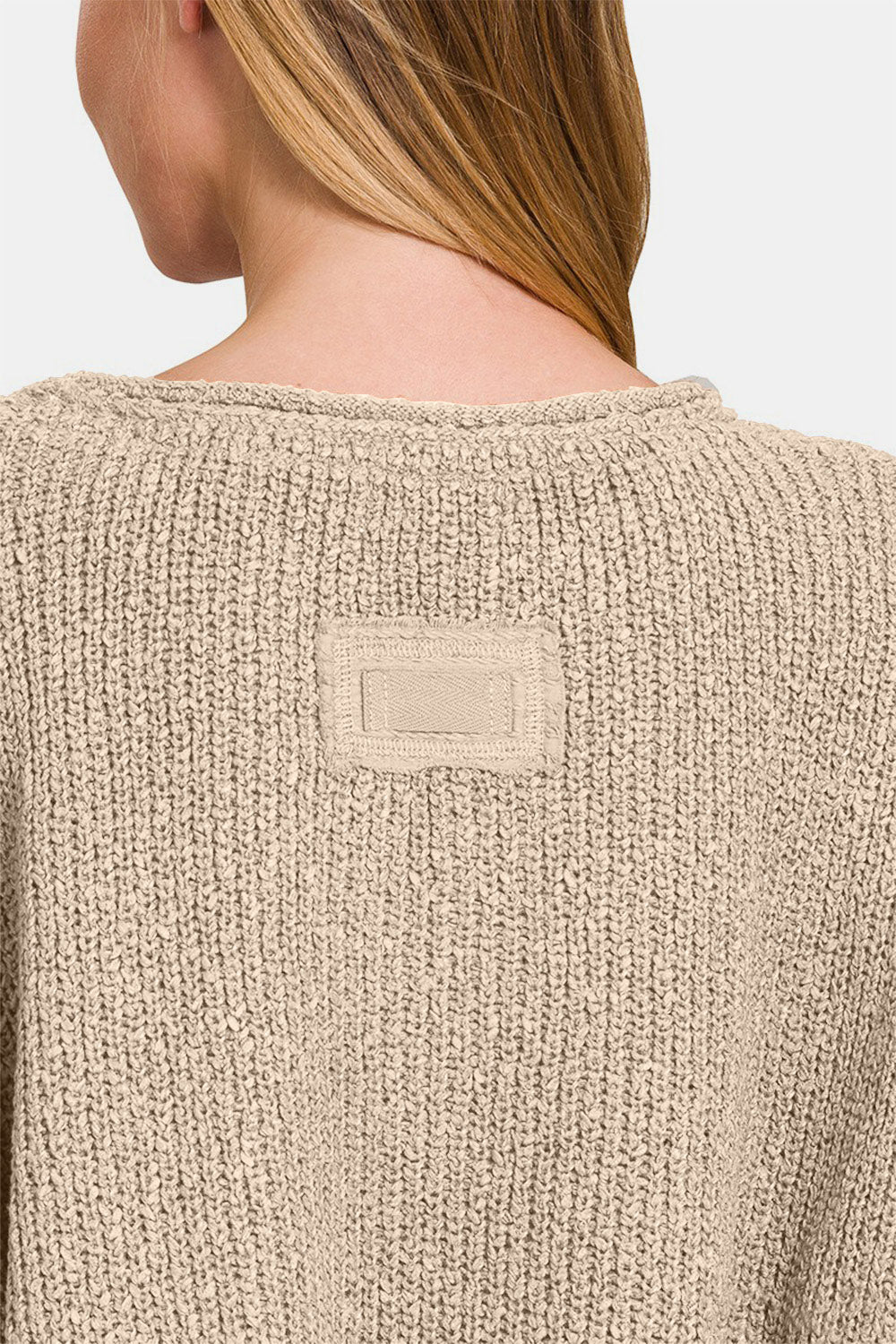 ZenanaNotched Neck Patch Detail Tunic Sweater in Heather Mocha