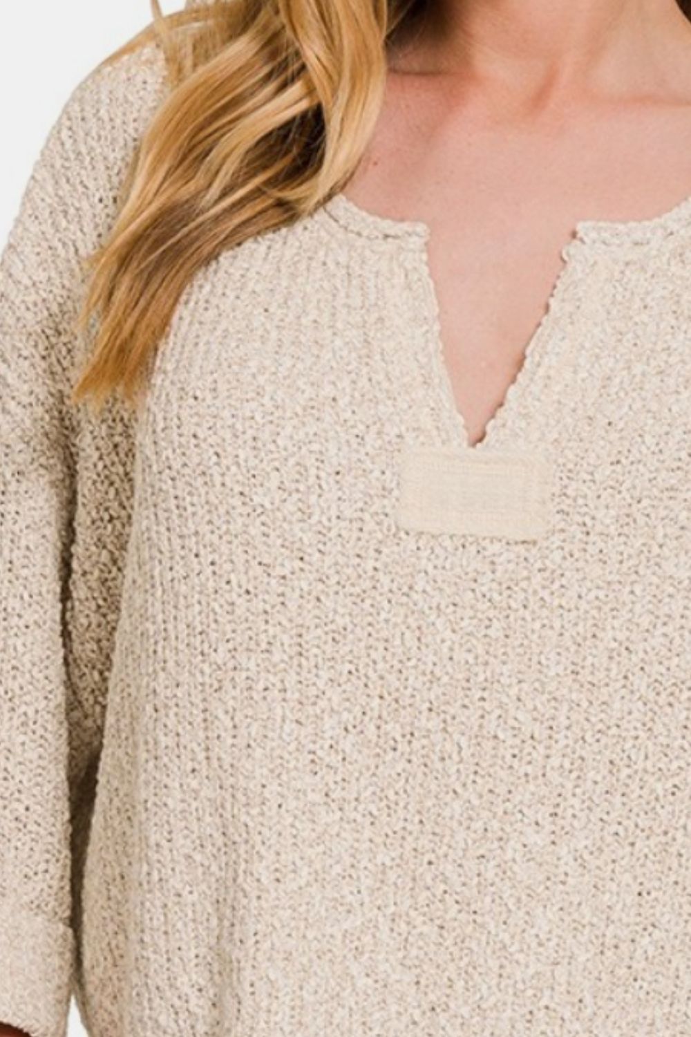 ZenanaNotched Neck Patch Detail Tunic Sweater in Heather Sand Beige