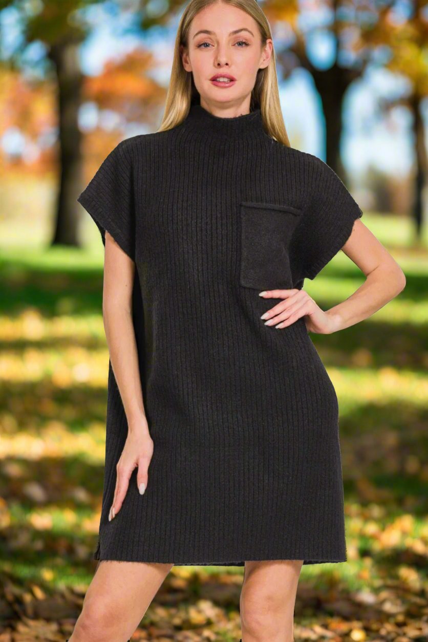 ZenanaShort Sleeve Mini Sweater Dress in Black