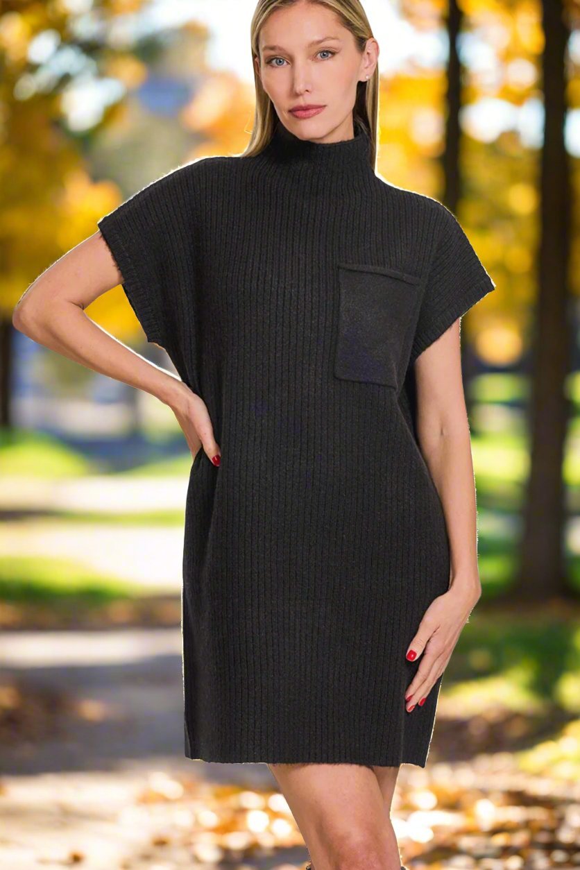 ZenanaShort Sleeve Mini Sweater Dress in Black