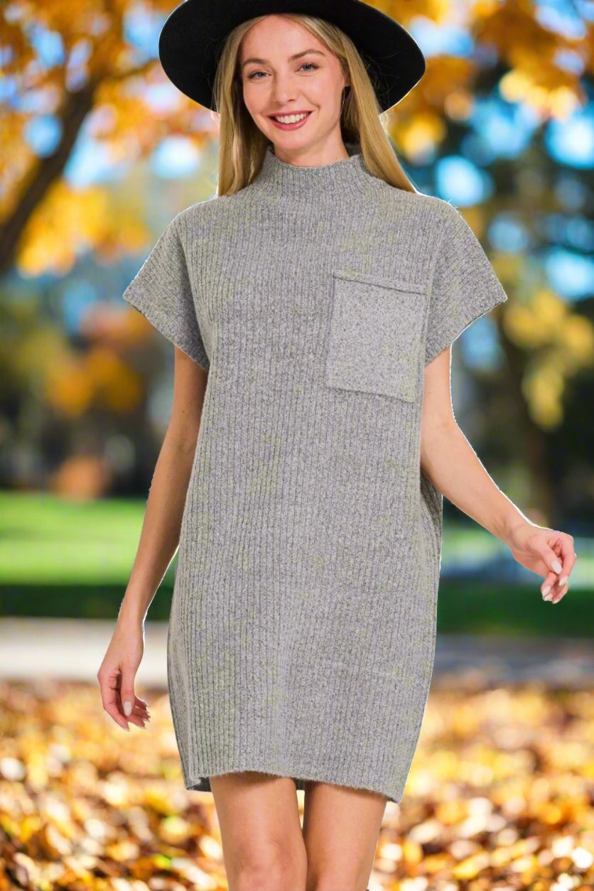 ZenanaShort Sleeve Mini Sweater Dress in Grey