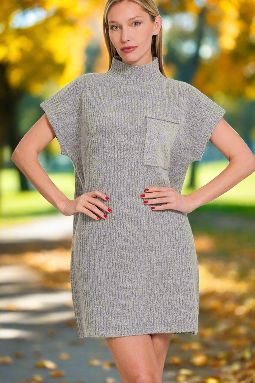 ZenanaShort Sleeve Mini Sweater Dress in Grey