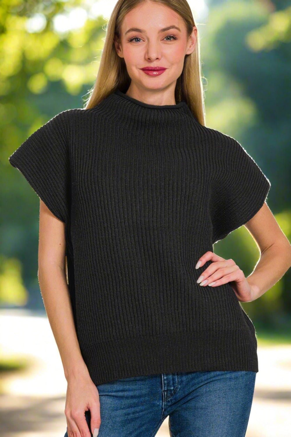 ZenanaShort Sleeve Mock Neck Sweater in Black