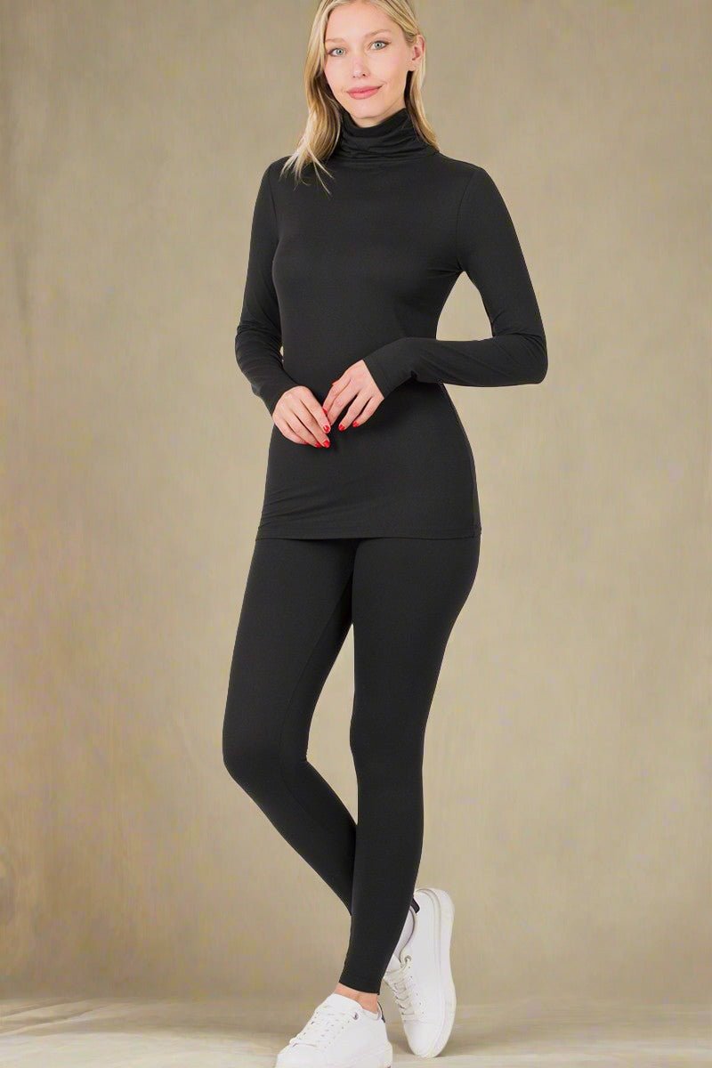 ZenanaTurtleneck Top and Leggings Lounge Set in Black