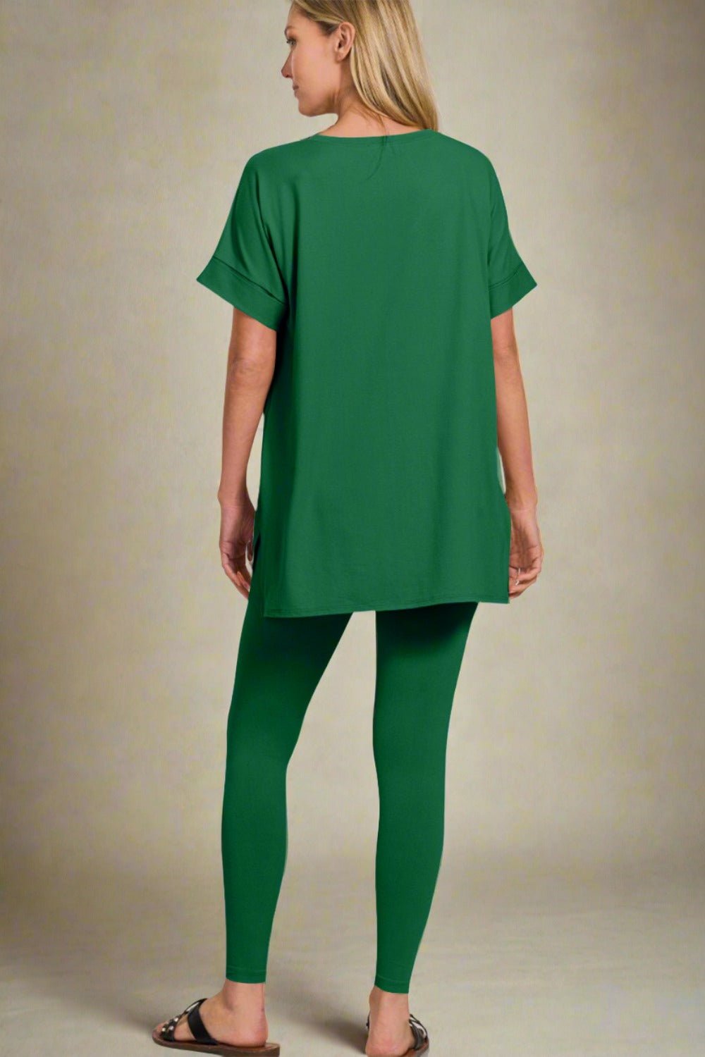 ZenanaV - Neck Short Sleeve T - Shirt and Leggings Lounge Set in Dark Green