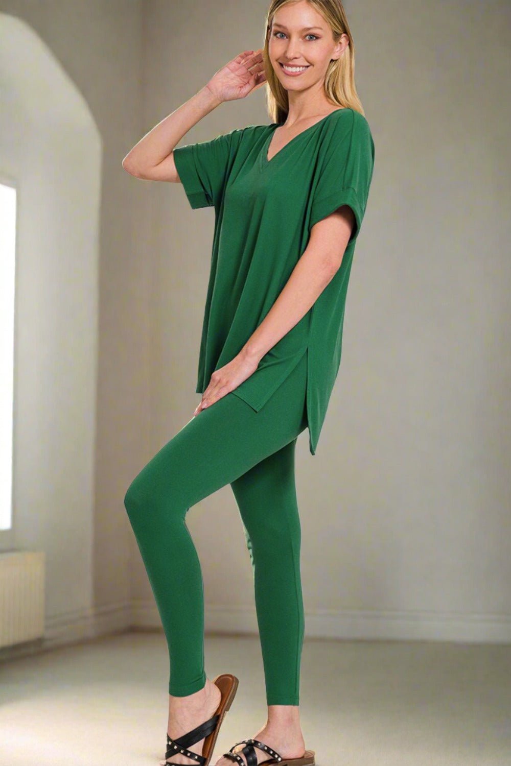 ZenanaV - Neck Short Sleeve T - Shirt and Leggings Lounge Set in Dark Green