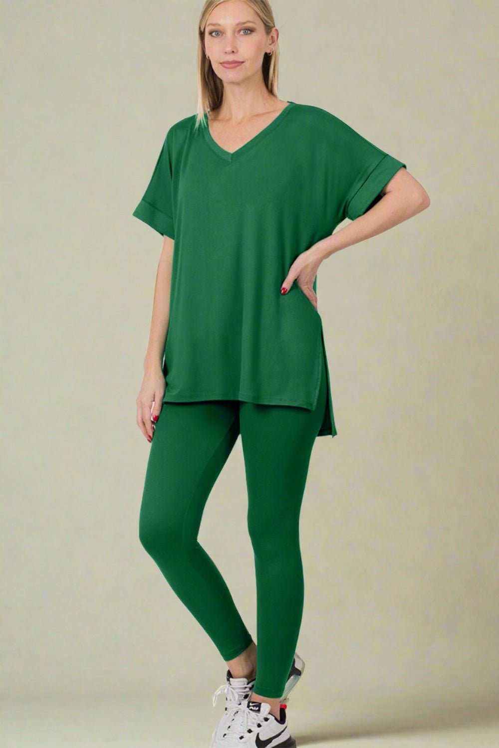 ZenanaV - Neck Short Sleeve T - Shirt and Leggings Lounge Set in Dark Green