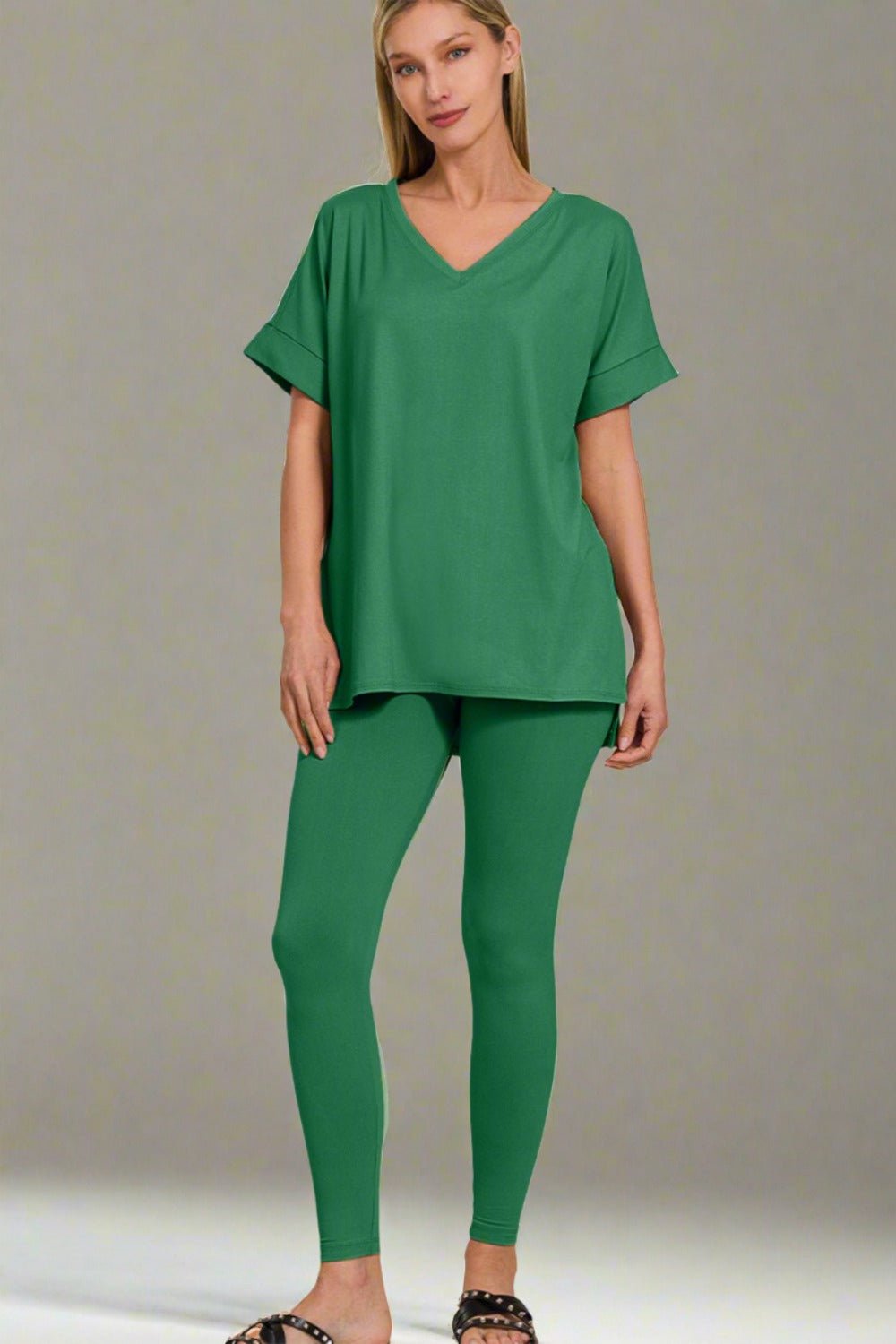 ZenanaV - Neck Short Sleeve T - Shirt and Leggings Lounge Set in Forest