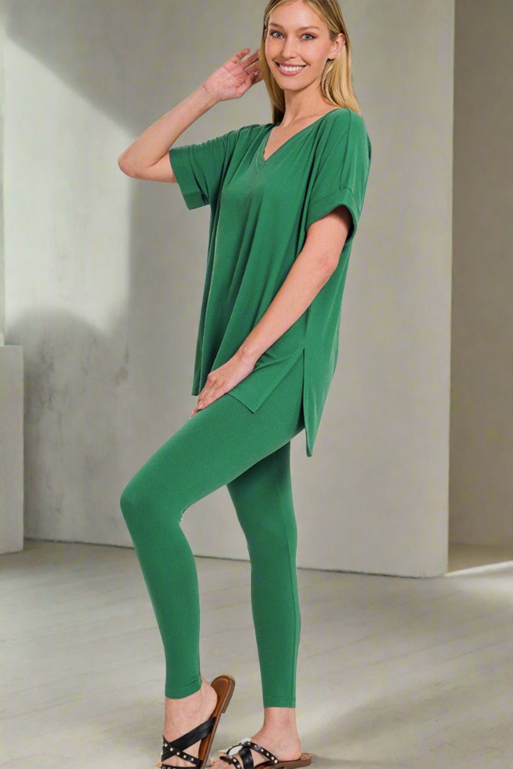 ZenanaV - Neck Short Sleeve T - Shirt and Leggings Lounge Set in Forest