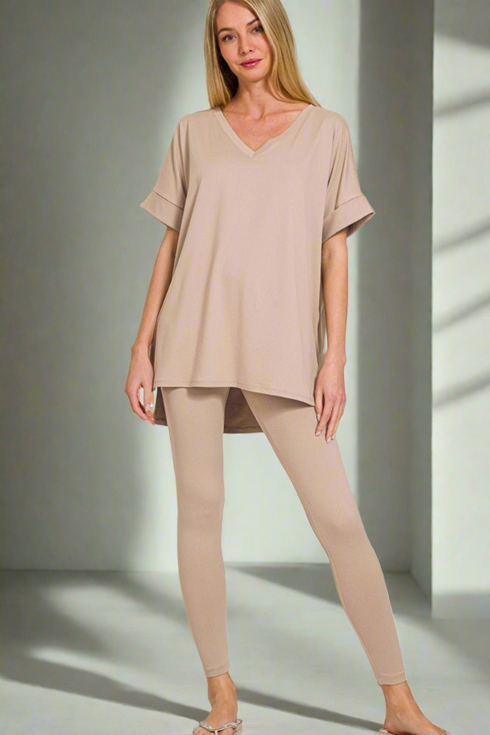 ZenanaV - Neck Short Sleeve T - Shirt and Leggings Lounge Set in Light Mocha