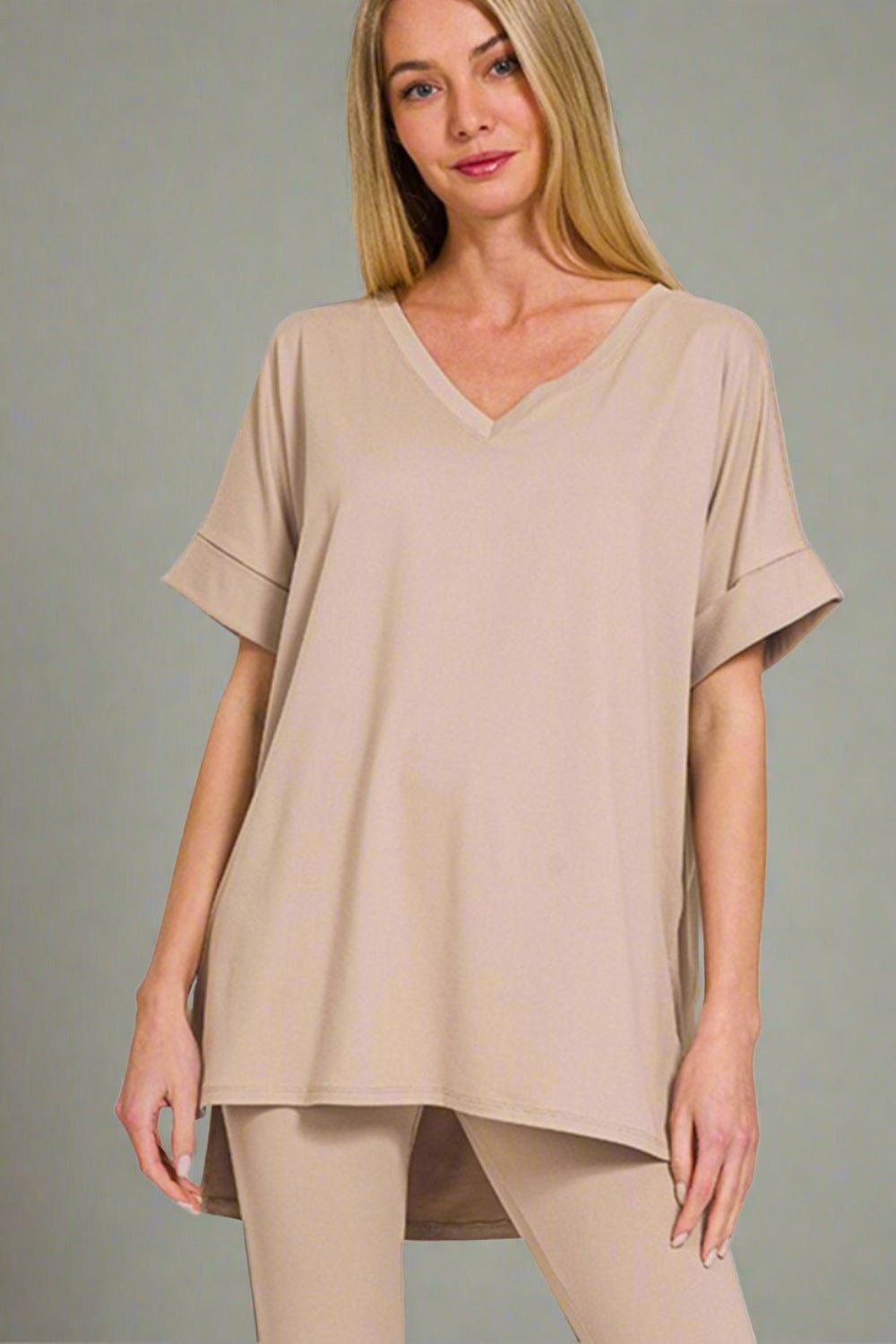 ZenanaV - Neck Short Sleeve T - Shirt and Leggings Lounge Set in Light Mocha