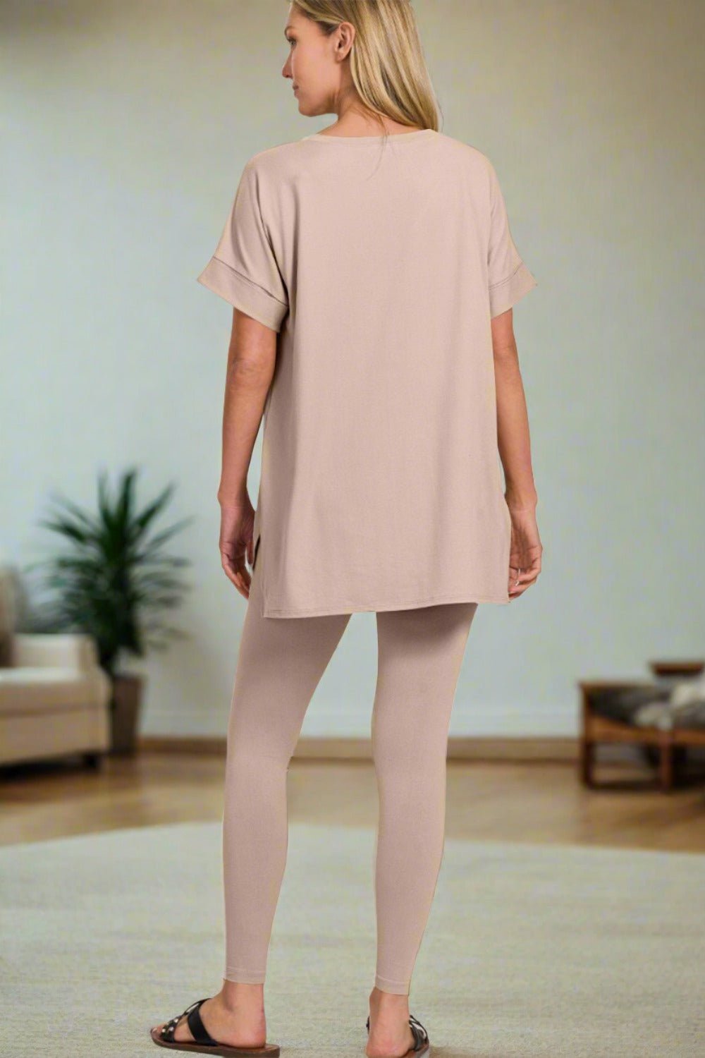 ZenanaV - Neck Short Sleeve T - Shirt and Leggings Lounge Set in Light Mocha