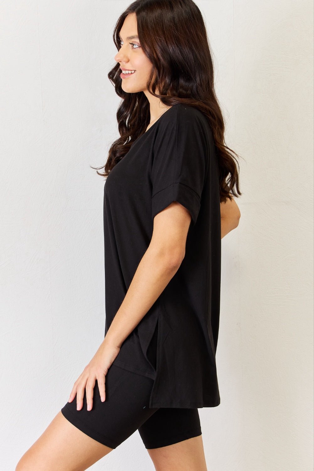 ZenanaV - Neck Short Sleeve Tunic T - Shirt and Shorts Set in Black