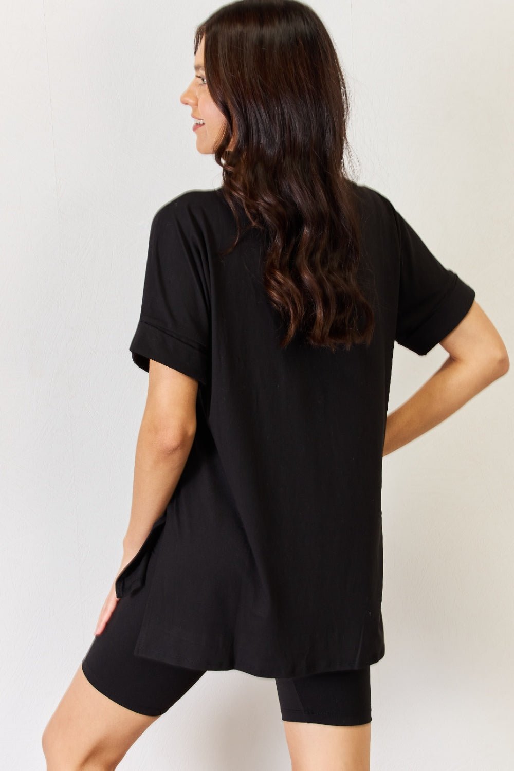 ZenanaV - Neck Short Sleeve Tunic T - Shirt and Shorts Set in Black