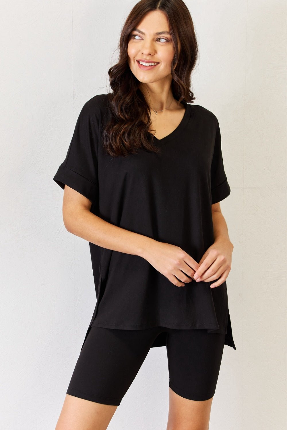 ZenanaV - Neck Short Sleeve Tunic T - Shirt and Shorts Set in Black