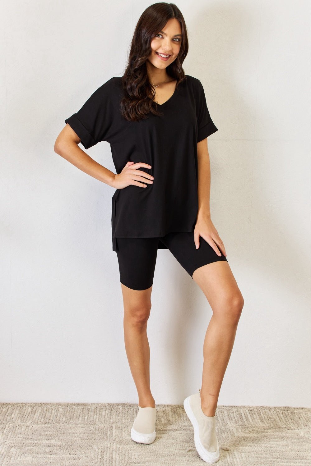 ZenanaV - Neck Short Sleeve Tunic T - Shirt and Shorts Set in Black