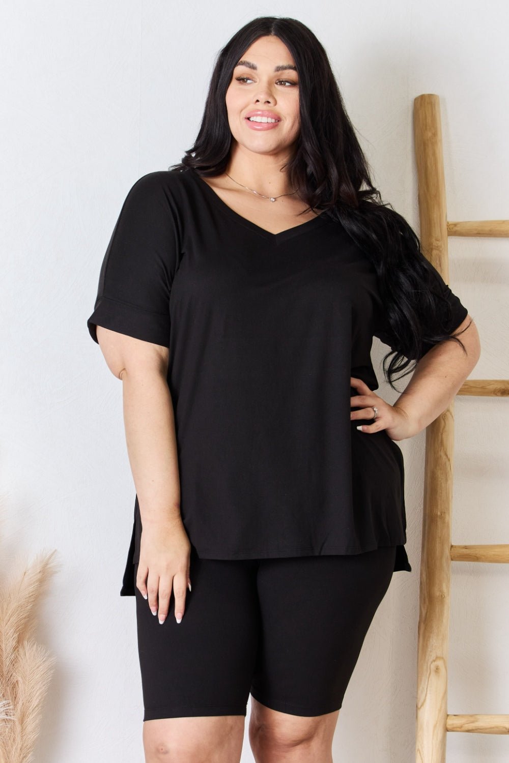 ZenanaV - Neck Short Sleeve Tunic T - Shirt and Shorts Set in Black