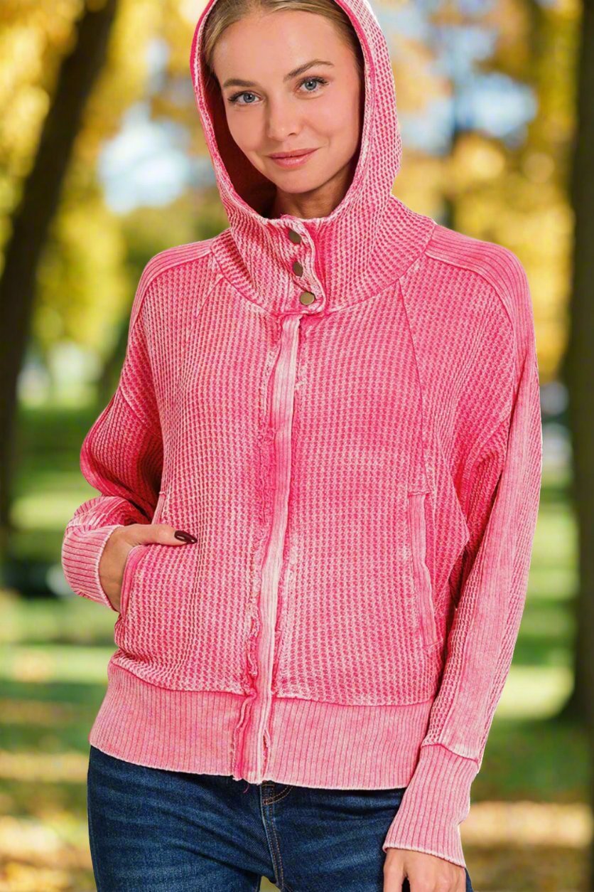 ZenanaWashed Cotton Zip Up Hooded Jacket in Fuchsia