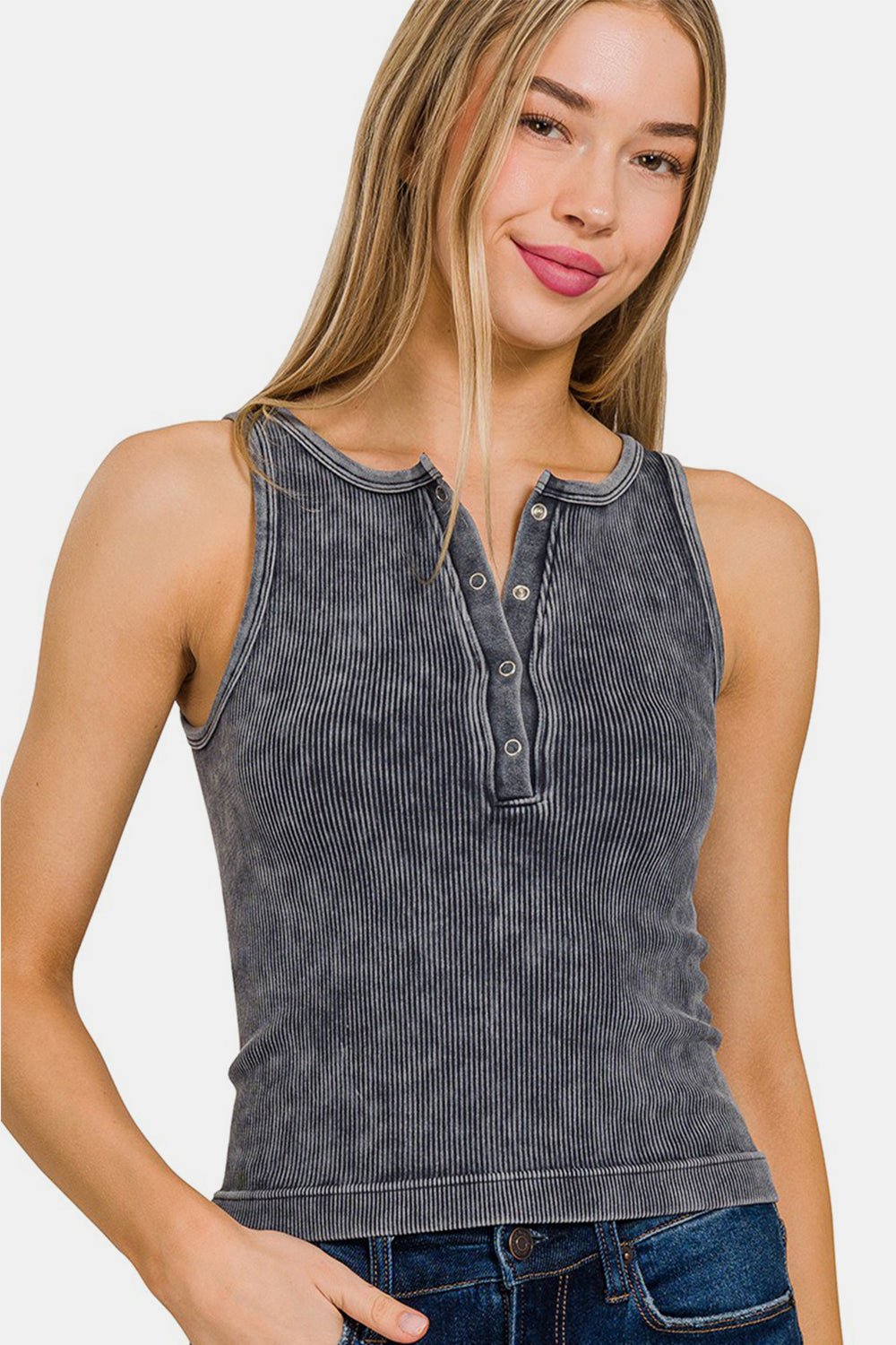 ZenanaWashed Rib Knit Half Snap Seamless Tank in Ash Black