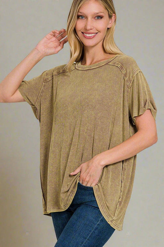 ZenanaWashed Rib Knit Short Sleeve Top in Mocha