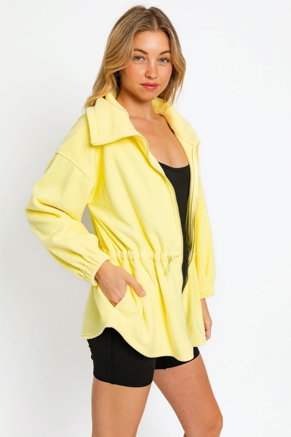 Zip Up Waist Drawstring Soft Fleece Jacket in Citron YellowJacketTASHA