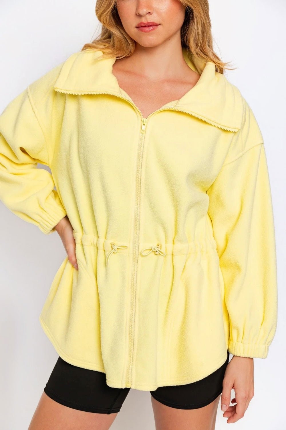Zip Up Waist Drawstring Soft Fleece Jacket in Citron YellowJacketTASHA