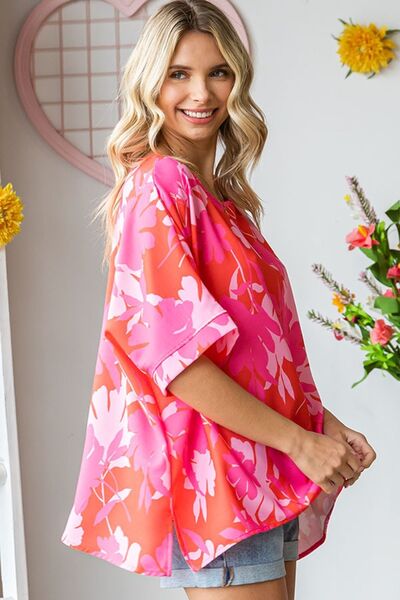 Floral Print Half Sleeve Blouse in Coral MultiBlouseFirst Love