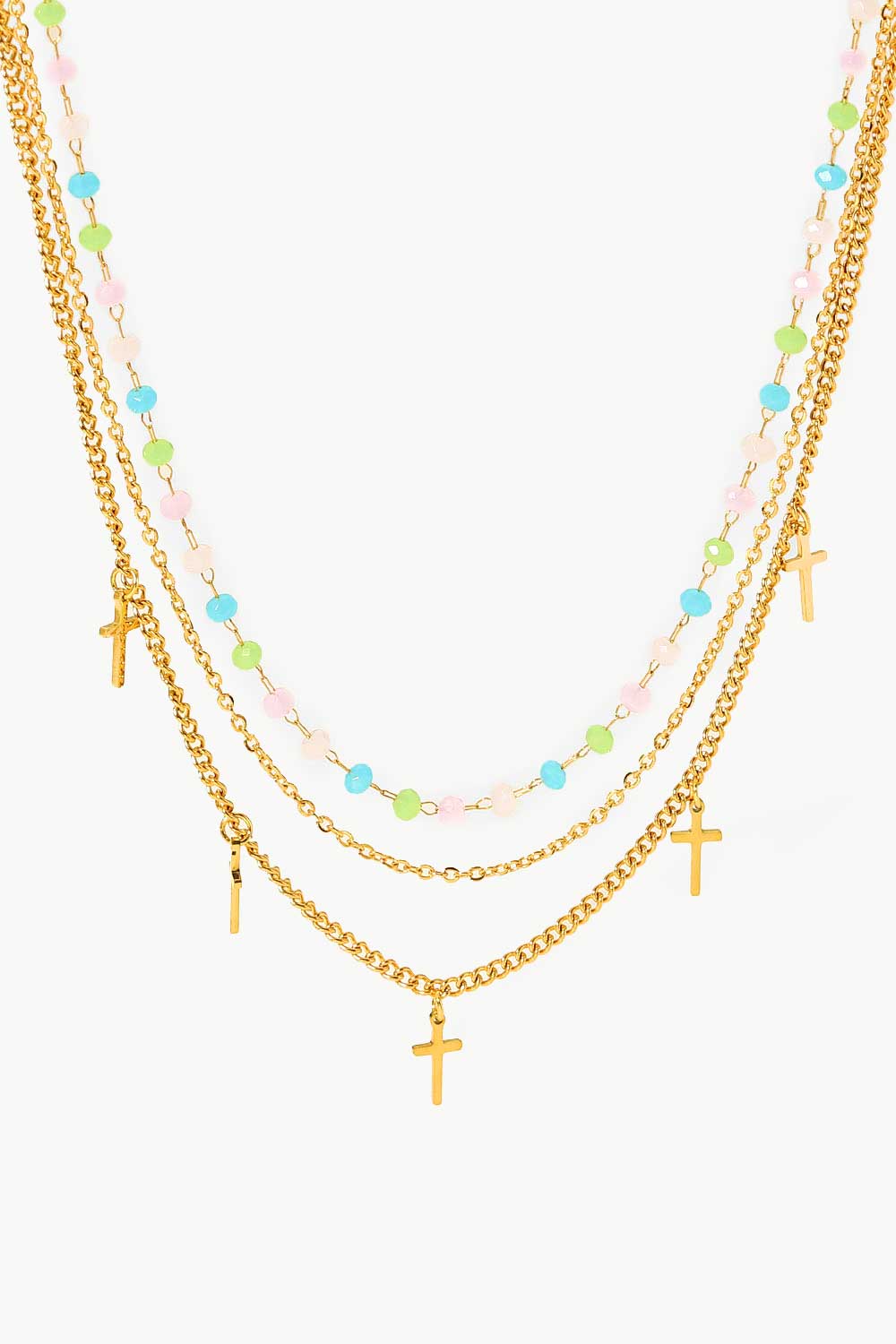 18K Gold Plated Cross Pendant Triple-Layered NecklaceNecklaceBeach Rose Co.