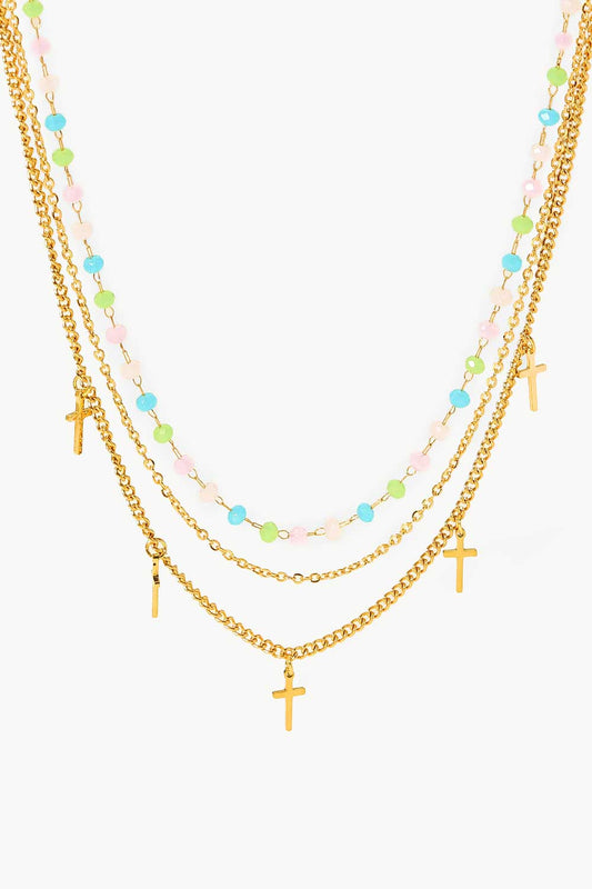 18K Gold Plated Cross Pendant Triple-Layered NecklaceNecklaceBeach Rose Co.