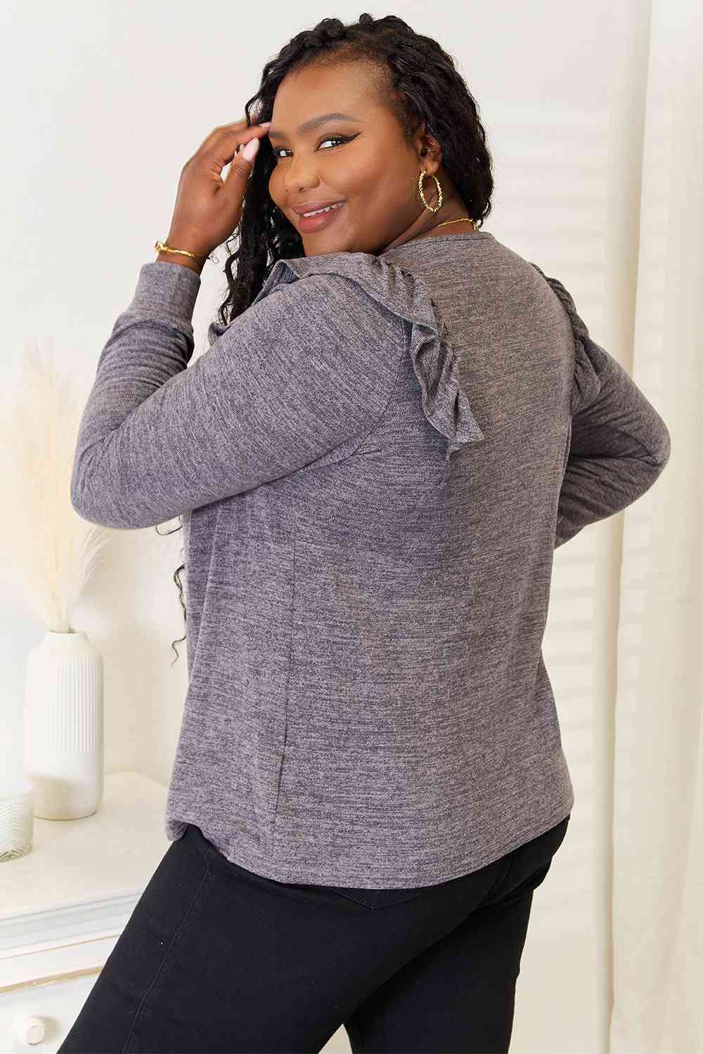 Square Neck Ruffle Shoulder Long Sleeve T-ShirtTeeDouble Take