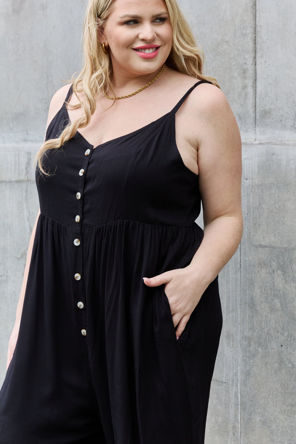 Wide Leg Button Down Sleeveless Jumpsuit in BlackJumpsuitHEYSON