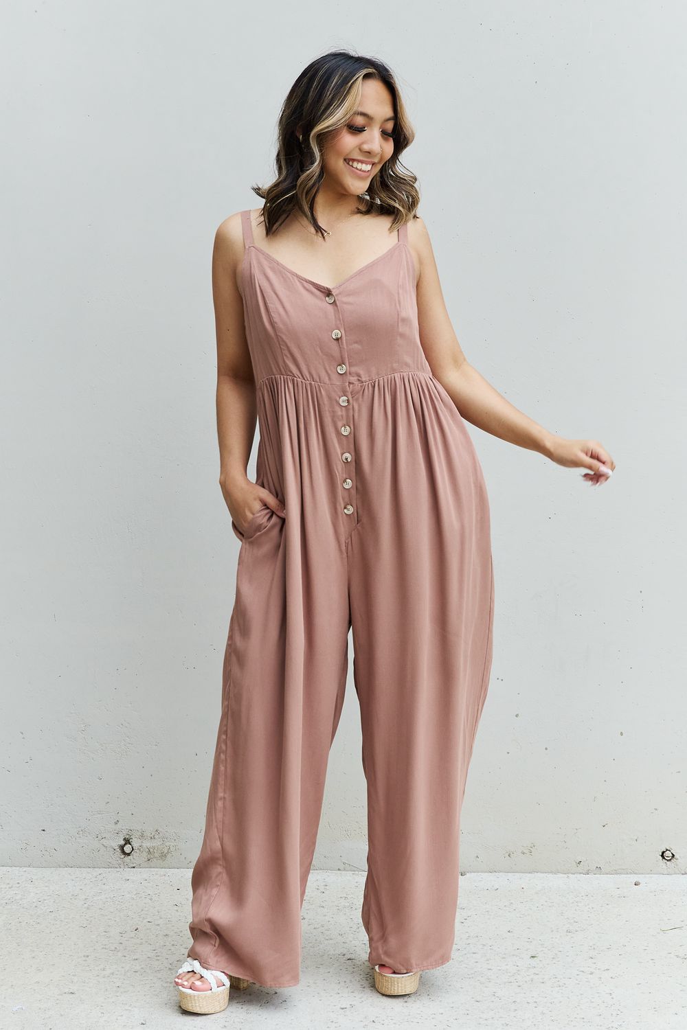 Wide Leg Button Down Jumpsuit in MochaJumpsuitHEYSON