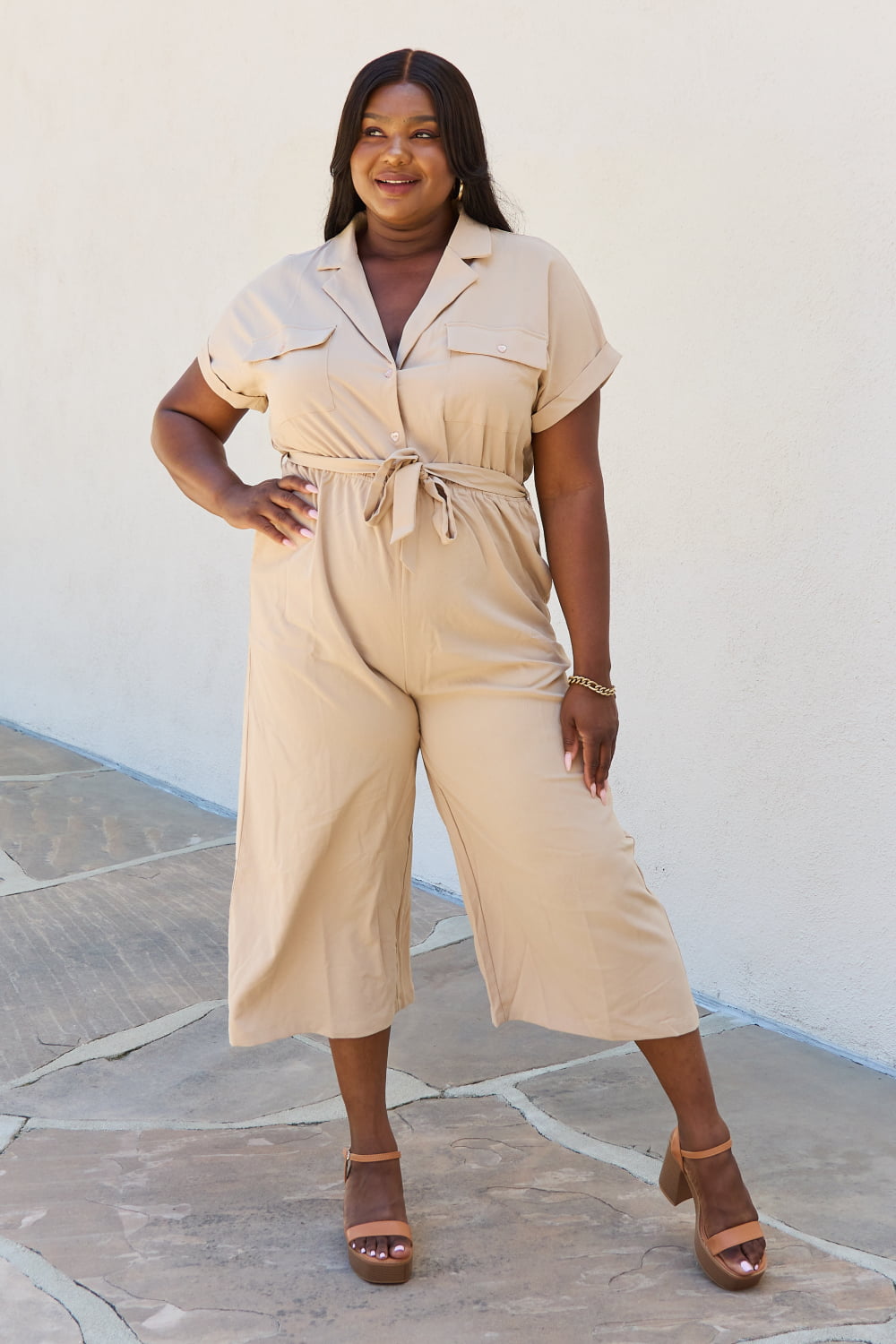 Belted Short Sleeve Jumpsuit in TanJumpsuitPetal Dew