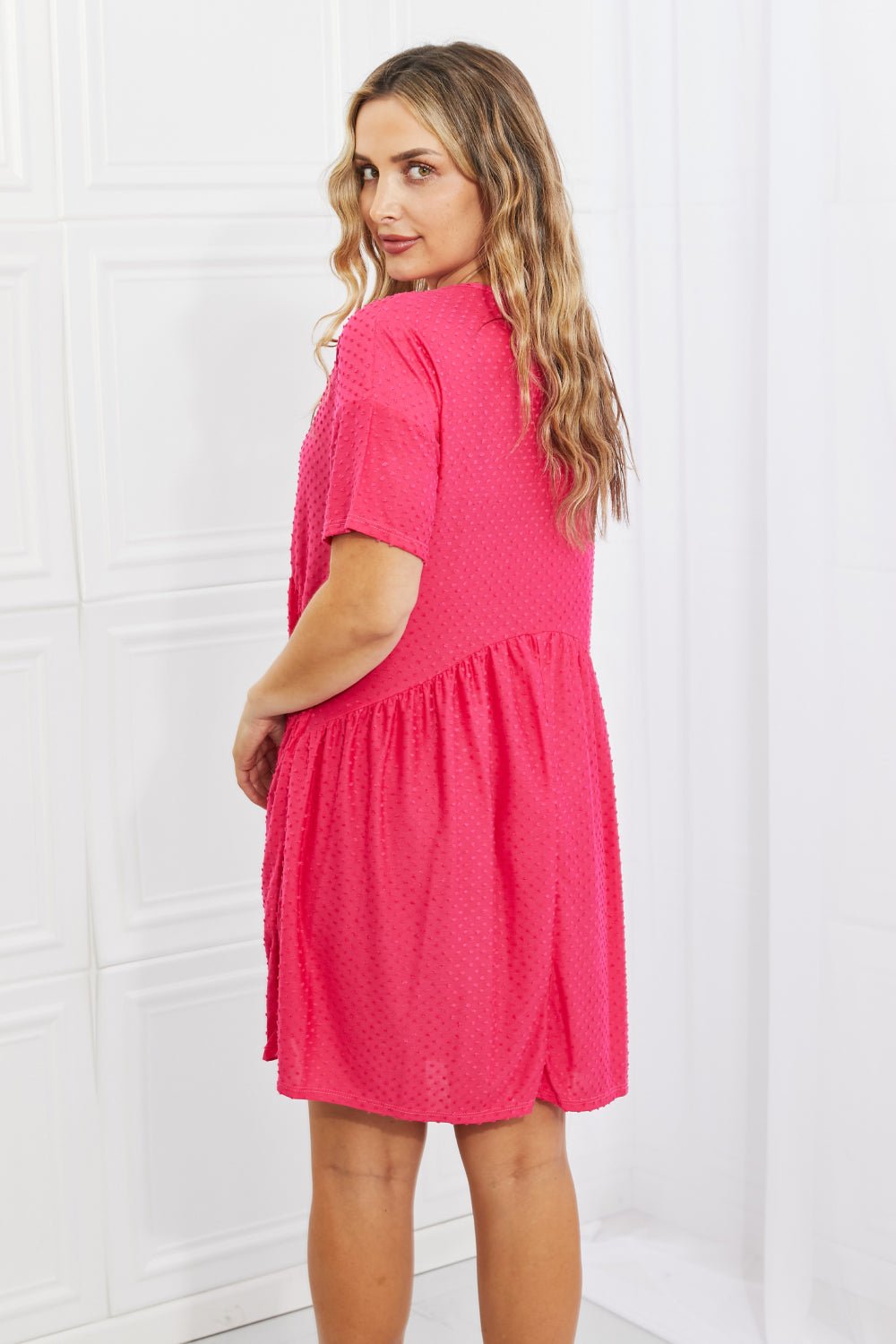 Swiss Dot Casual Knee-Length Dress in Hot PinkKnee-Length DressBOMBOM