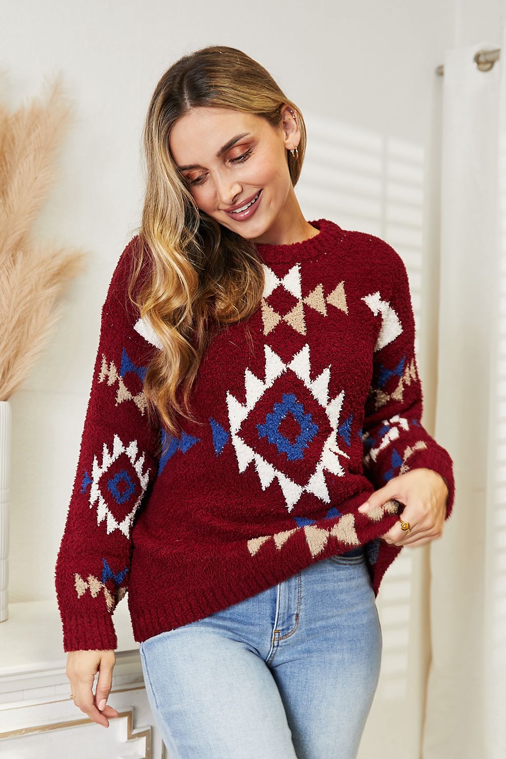 Aztec Pattern Soft Fuzzy Sweater in WineSweaterHEYSON