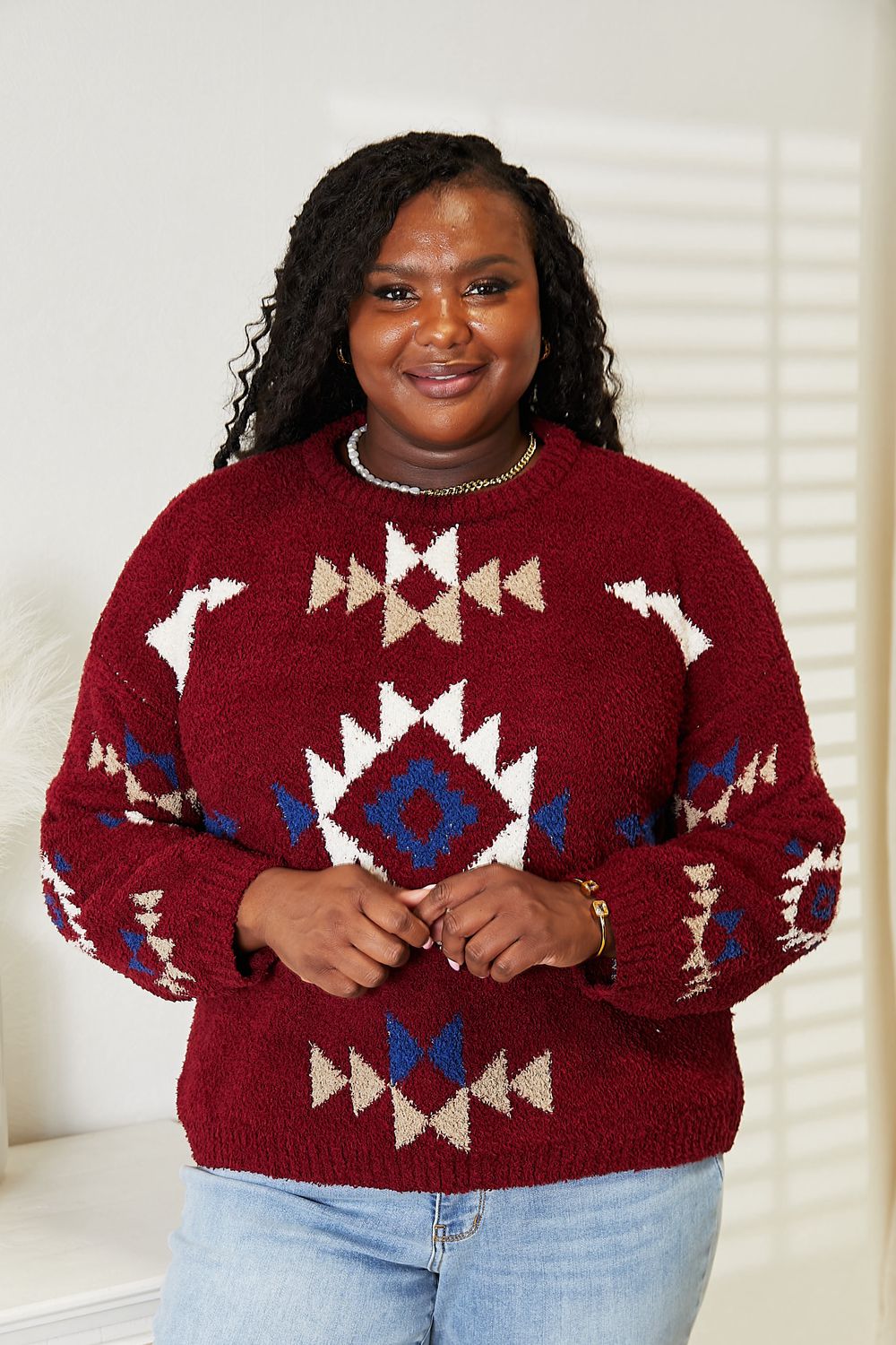 Aztec Pattern Soft Fuzzy Sweater in WineSweaterHEYSON