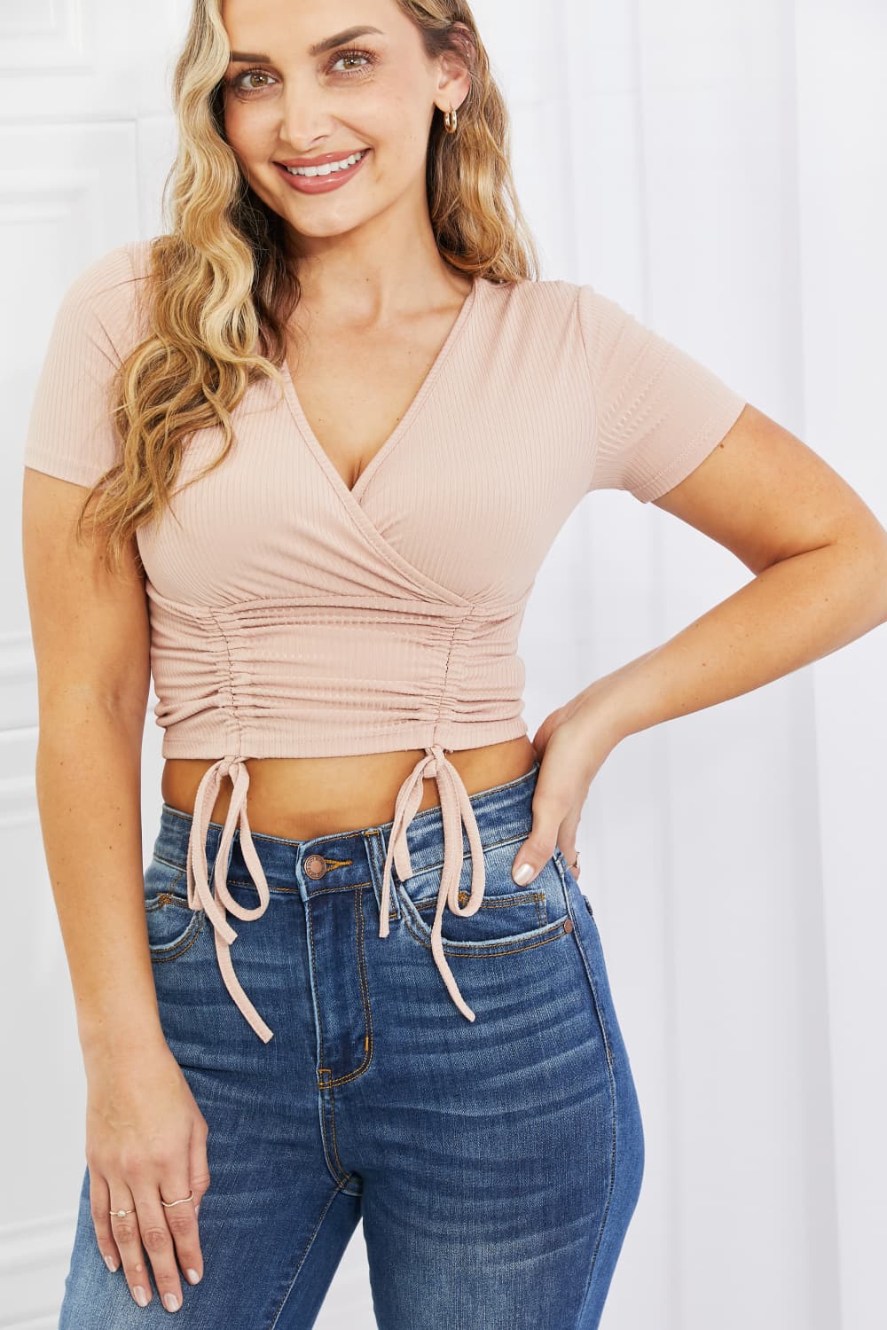 Ribbed Front Scrunched Top in PeachTopCapella